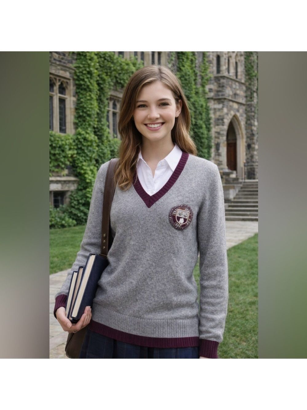 Like New Chanel Collegiate Sweater Cashmere Size 42 (8-10) Gray Burgundy - Picture 1 of 6